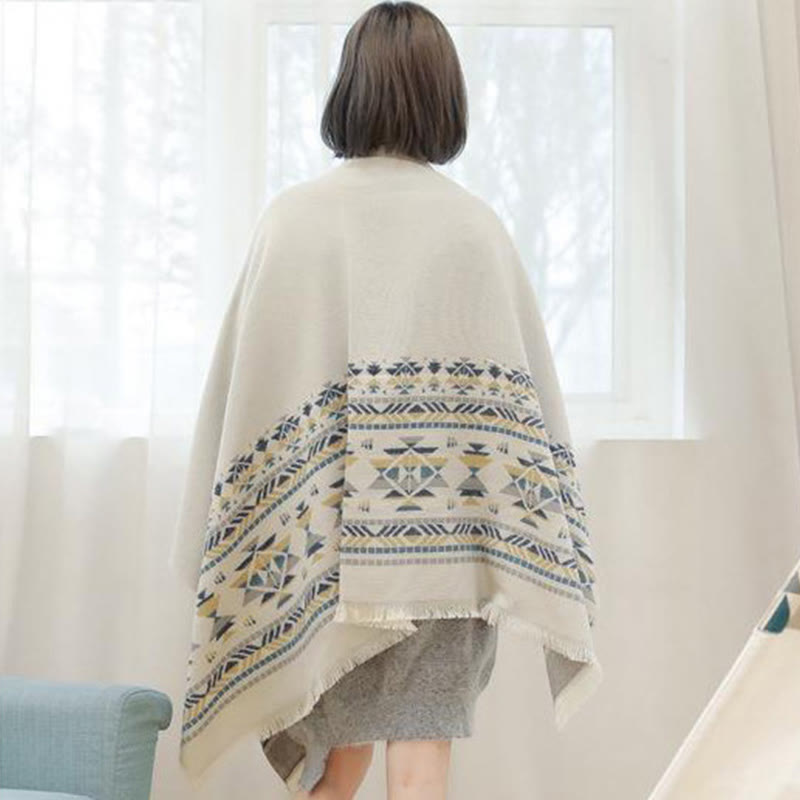 Buddha Stones Tibetan Beige Geometric Pattern Tassels Shawl Fall Winter Warm Scarf Wrap - image 5