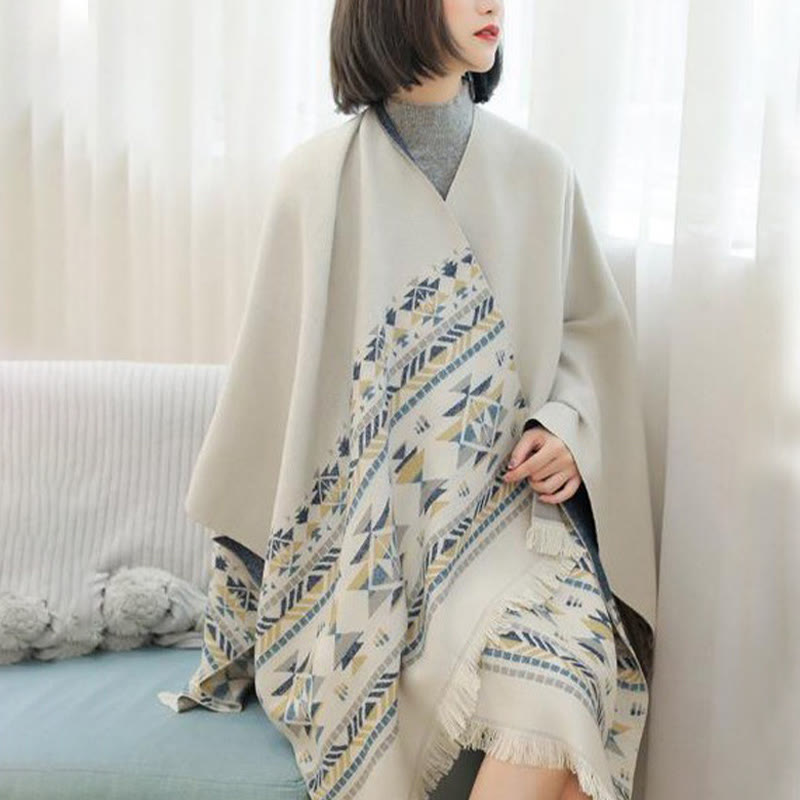 Buddha Stones Tibetan Beige Geometric Pattern Tassels Shawl Fall Winter Warm Scarf Wrap - image 3