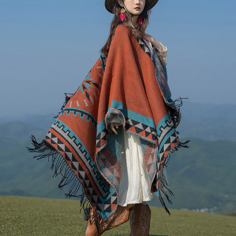 Buddha Stones Tibetan Orange Geometric Rhombus Pattern Tassels Shawl Fall Winter Warm Scarf Wrap - Orange 130*150cm - image 0