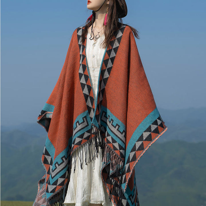 Buddha Stones Tibetan Orange Geometric Rhombus Pattern Tassels Shawl Fall Winter Warm Scarf Wrap - image 5