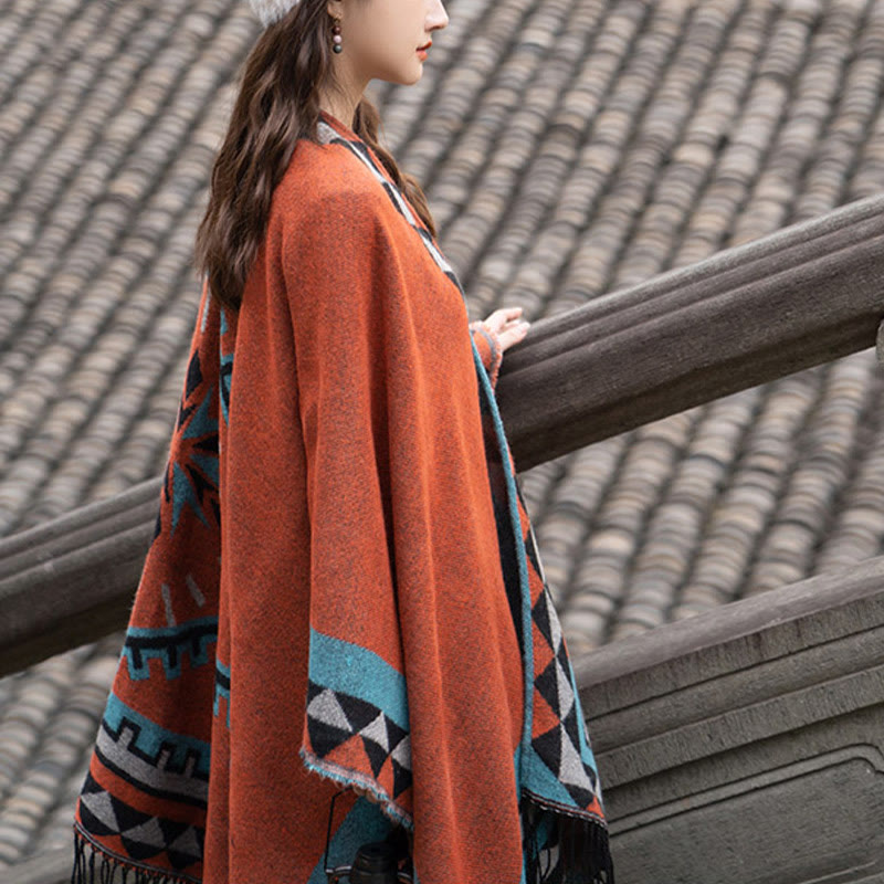 Buddha Stones Tibetan Orange Geometric Rhombus Pattern Tassels Shawl Fall Winter Warm Scarf Wrap - image 10