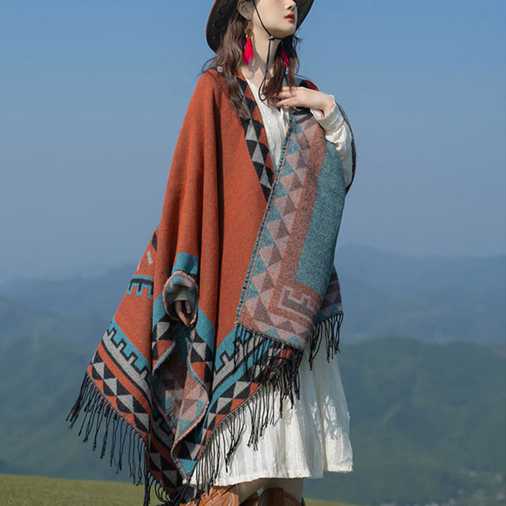 Buddha Stones Tibetan Orange Geometric Rhombus Pattern Tassels Shawl Fall Winter Warm Scarf Wrap - image 3