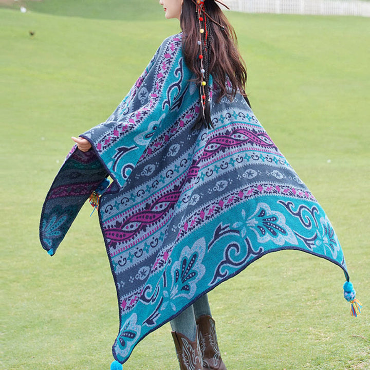 Buddha Stones Tibetan Geometric Horizontal Stripe Flowers Pattern Shawl Fall Winter Warm Soft Scarf Wrap - Blue 160*135cm - image 0
