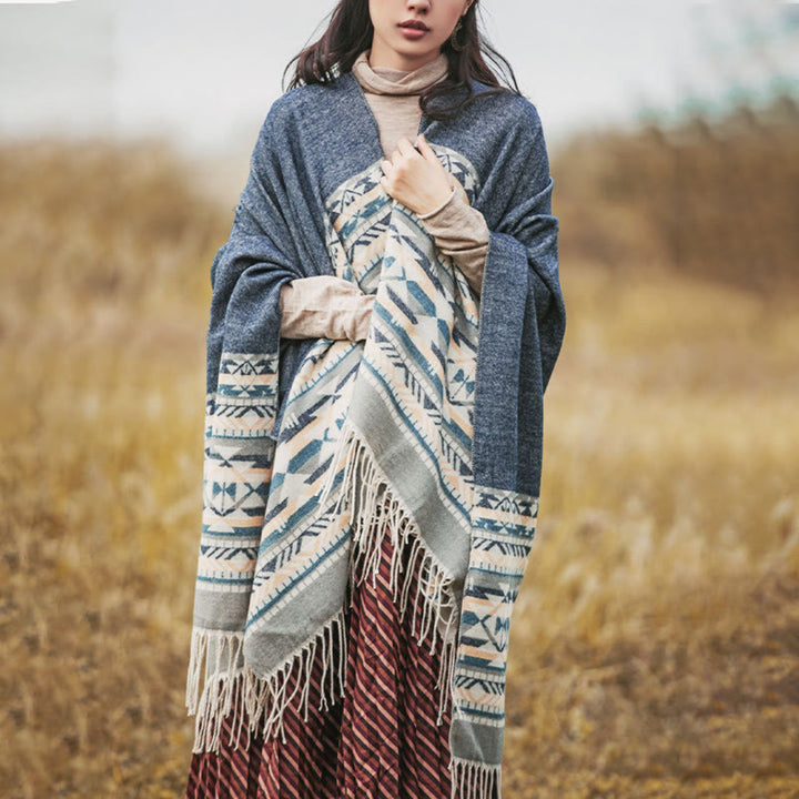 Buddha Stones Tibetan Geometric Rhombus Pattern Tassels Shawl Fall Winter Warm Cozy Scarf Wrap - image 2