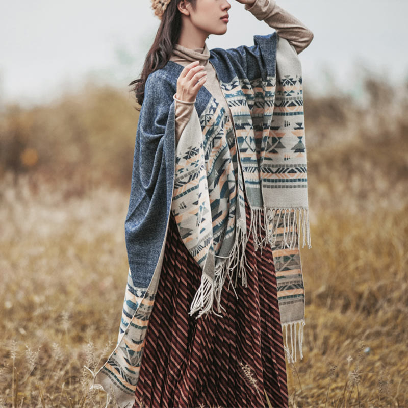 Buddha Stones Tibetan Geometric Rhombus Pattern Tassels Shawl Fall Winter Warm Cozy Scarf Wrap - image 1