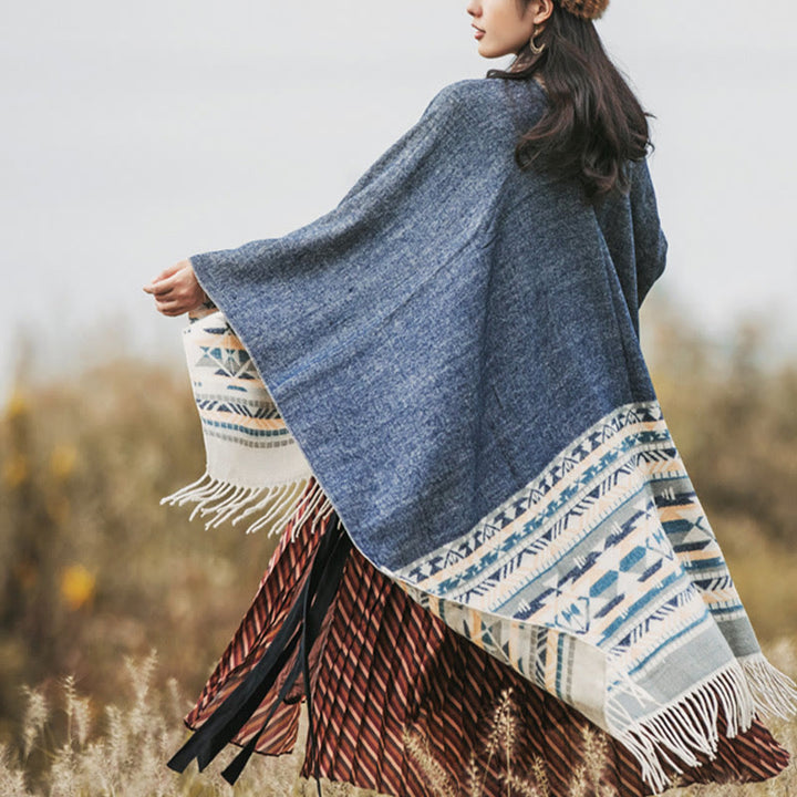 Buddha Stones Tibetan Geometric Rhombus Pattern Tassels Shawl Fall Winter Warm Cozy Scarf Wrap - image 3