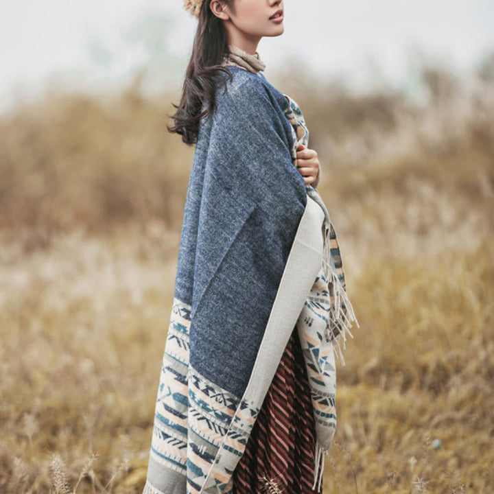 Buddha Stones Tibetan Geometric Rhombus Pattern Tassels Shawl Fall Winter Warm Cozy Scarf Wrap - image 5