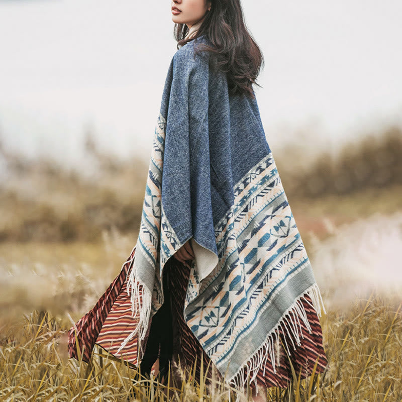 Buddha Stones Tibetan Geometric Rhombus Pattern Tassels Shawl Fall Winter Warm Cozy Scarf Wrap - image 4