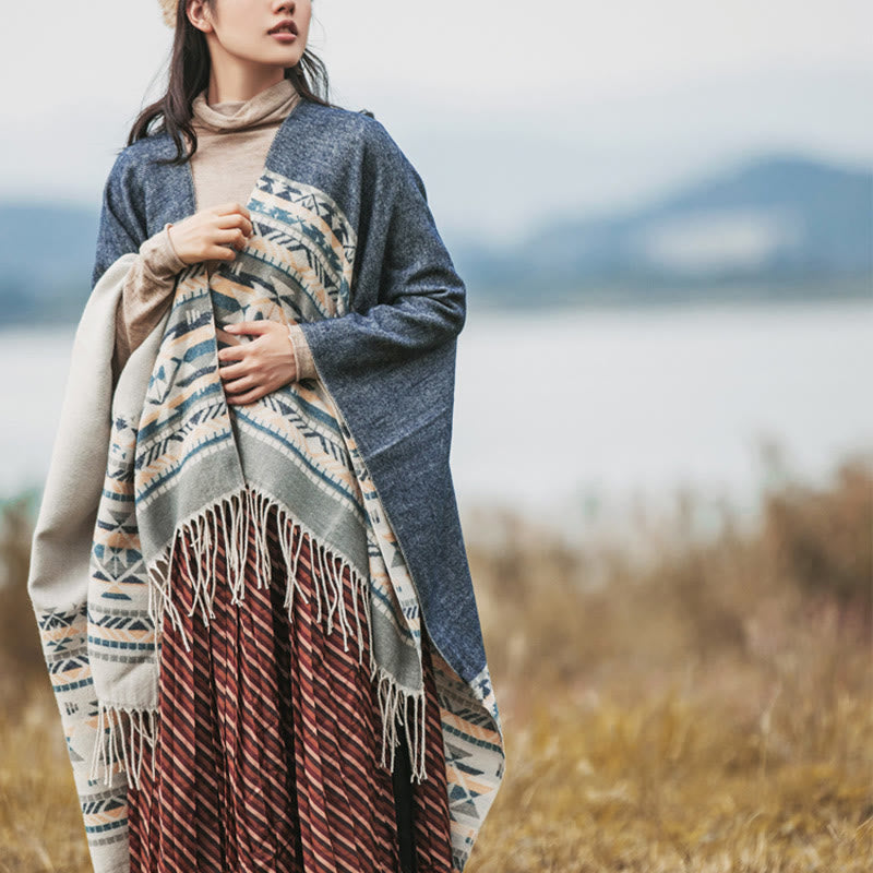 Buddha Stones Tibetan Geometric Rhombus Pattern Tassels Shawl Fall Winter Warm Cozy Scarf Wrap - image 7