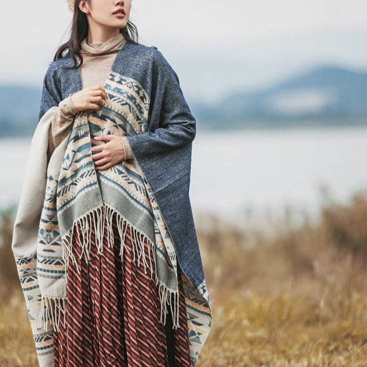 Buddha Stones Tibetan Geometric Rhombus Pattern Tassels Shawl Fall Winter Warm Cozy Scarf Wrap - image 7