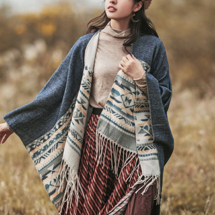Buddha Stones Tibetan Geometric Rhombus Pattern Tassels Shawl Fall Winter Warm Cozy Scarf Wrap - image 9