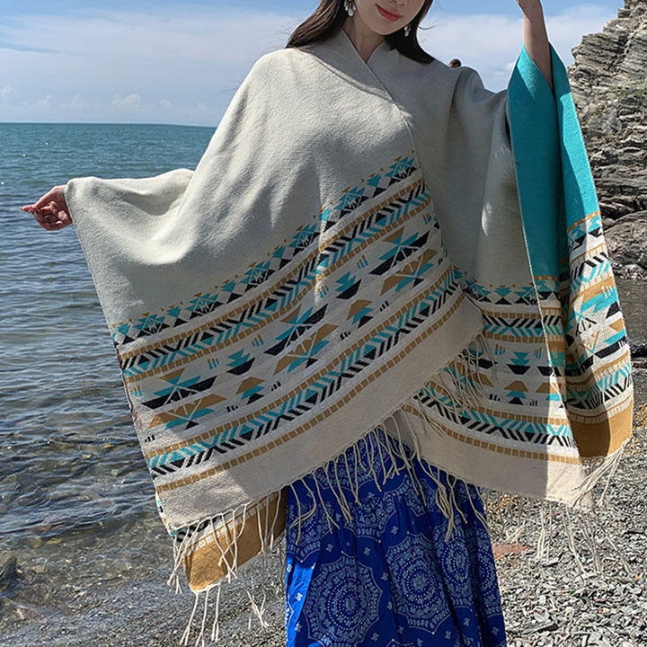 Buddha Stones Tibetan Geometric Rhombus Pattern Tassels Shawl Fall Winter Warm Cozy Scarf Wrap - image 27