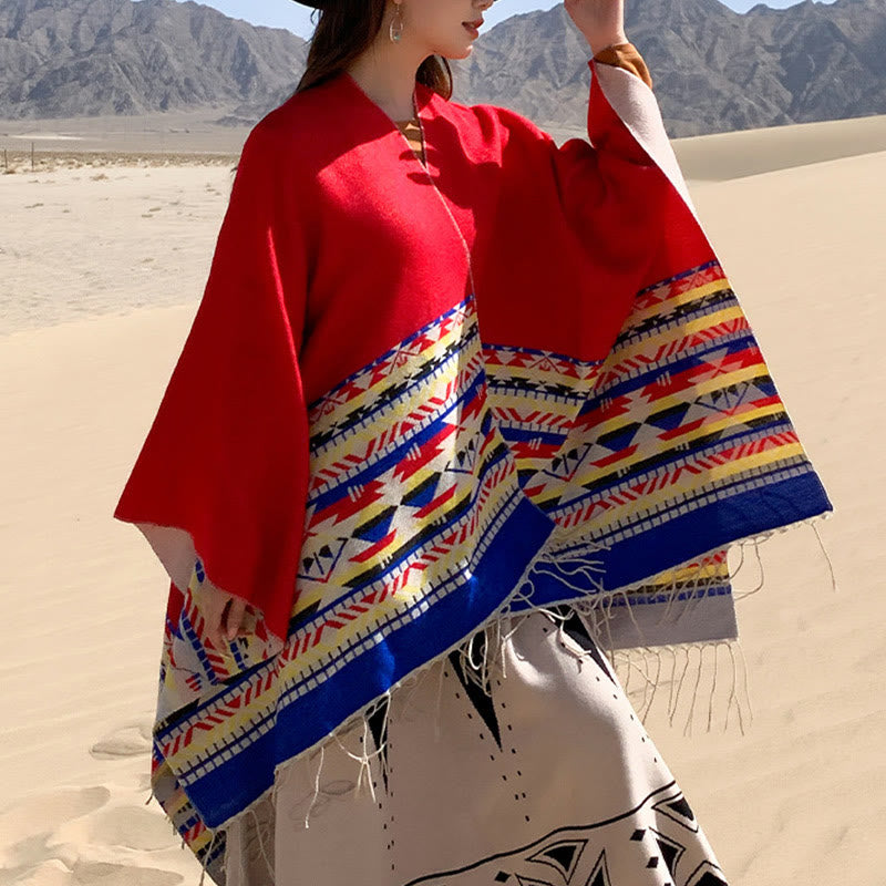 Buddha Stones Tibetan Geometric Rhombus Pattern Tassels Shawl Fall Winter Warm Cozy Scarf Wrap - Red - 130*150cm - image 29