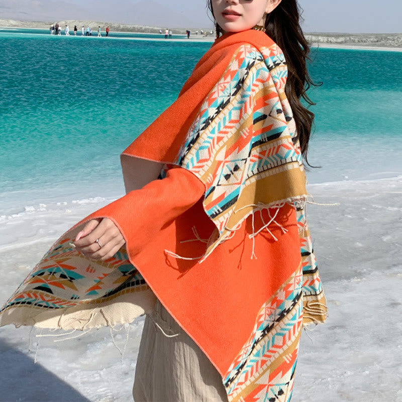 Buddha Stones Tibetan Geometric Rhombus Pattern Tassels Shawl Fall Winter Warm Cozy Scarf Wrap - DarkOrange - 130*150cm - image 34