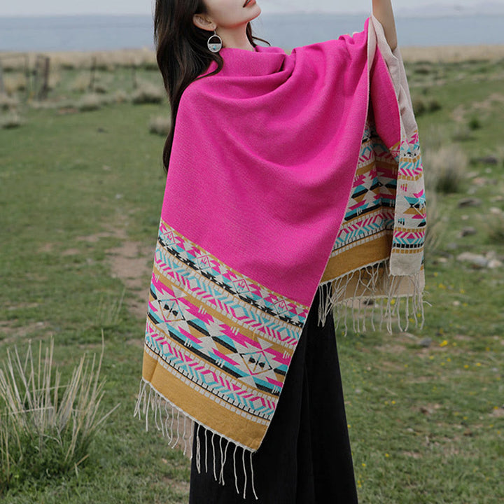 Buddha Stones Tibetan Geometric Rhombus Pattern Tassels Shawl Fall Winter Warm Cozy Scarf Wrap - image 42