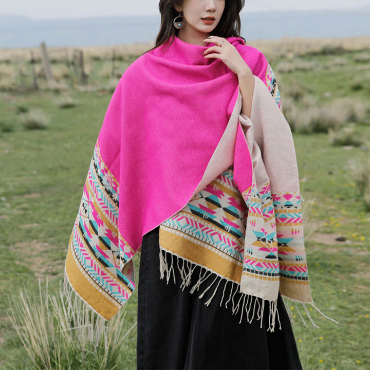 Buddha Stones Tibetan Geometric Rhombus Pattern Tassels Shawl Fall Winter Warm Cozy Scarf Wrap - DeepPink - 130*150cm - image 41