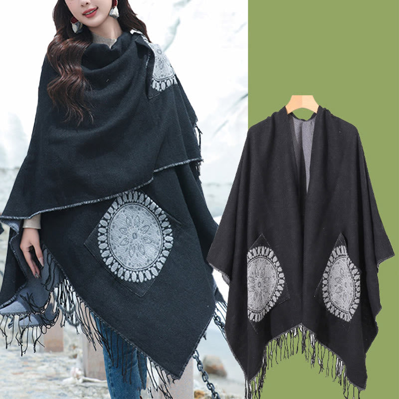 Buddha Stones Tibetan Geometric Round Mandala Pattern Tassels Shawl Fall Winter Cozy Scarf Wrap With Pockets - image 13