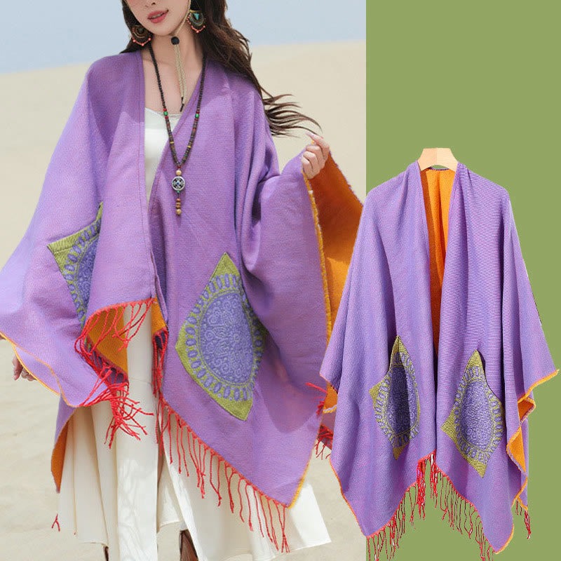 Buddha Stones Tibetan Geometric Round Mandala Pattern Tassels Shawl Fall Winter Cozy Scarf Wrap With Pockets - image 44