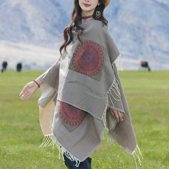 Buddha Stones Tibetan Geometric Round Mandala Pattern Tassels Shawl Fall Winter Cozy Scarf Wrap With Pockets - image 30