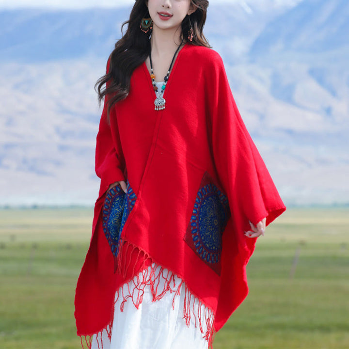 Buddha Stones Tibetan Geometric Round Mandala Pattern Tassels Shawl Fall Winter Cozy Scarf Wrap With Pockets - image 2