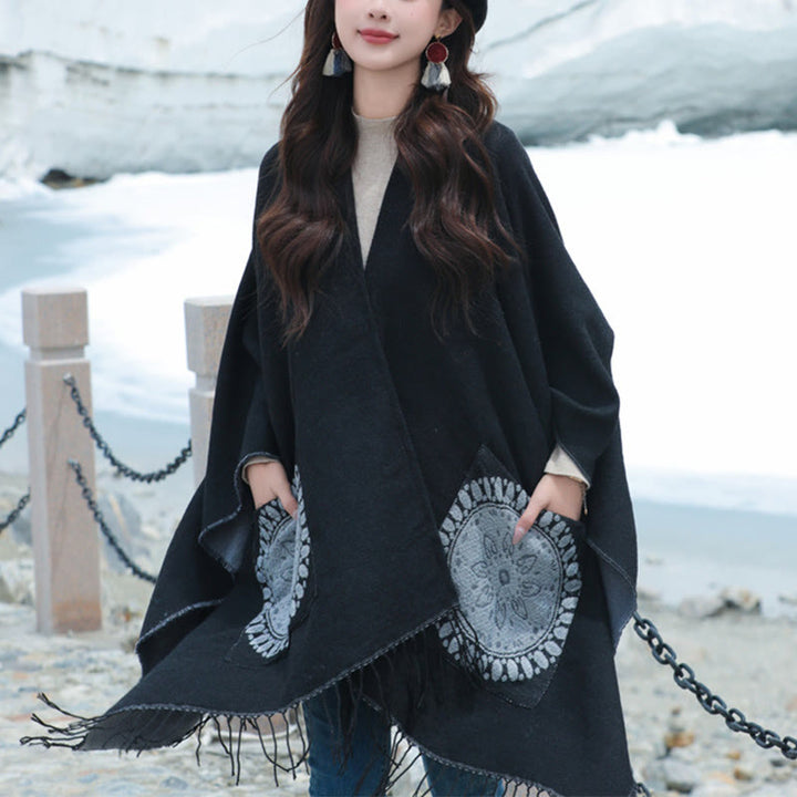 Buddha Stones Tibetan Geometric Round Mandala Pattern Tassels Shawl Fall Winter Cozy Scarf Wrap With Pockets - image 9