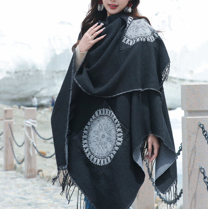 Buddha Stones Tibetan Geometric Round Mandala Pattern Tassels Shawl Fall Winter Cozy Scarf Wrap With Pockets - image 7