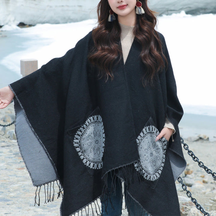 Buddha Stones Tibetan Geometric Round Mandala Pattern Tassels Shawl Fall Winter Cozy Scarf Wrap With Pockets - image 8