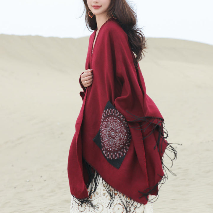 Buddha Stones Tibetan Geometric Round Mandala Pattern Tassels Shawl Fall Winter Cozy Scarf Wrap With Pockets - image 24