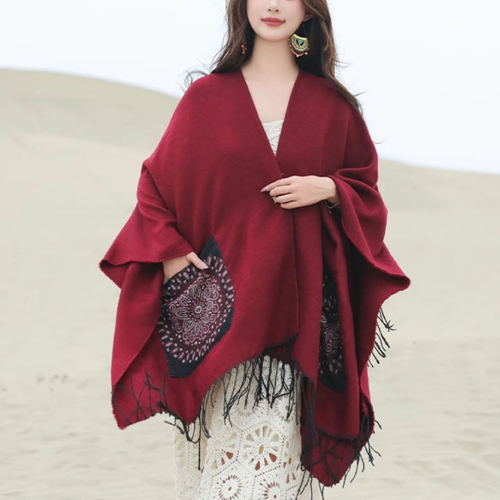 Buddha Stones Tibetan Geometric Round Mandala Pattern Tassels Shawl Fall Winter Cozy Scarf Wrap With Pockets - FireBrick - 140*155cm - image 22