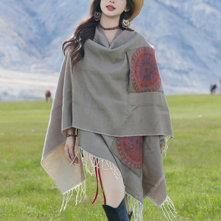 Buddha Stones Tibetan Geometric Round Mandala Pattern Tassels Shawl Fall Winter Cozy Scarf Wrap With Pockets - DarkKhaki - 140*155cm - image 27