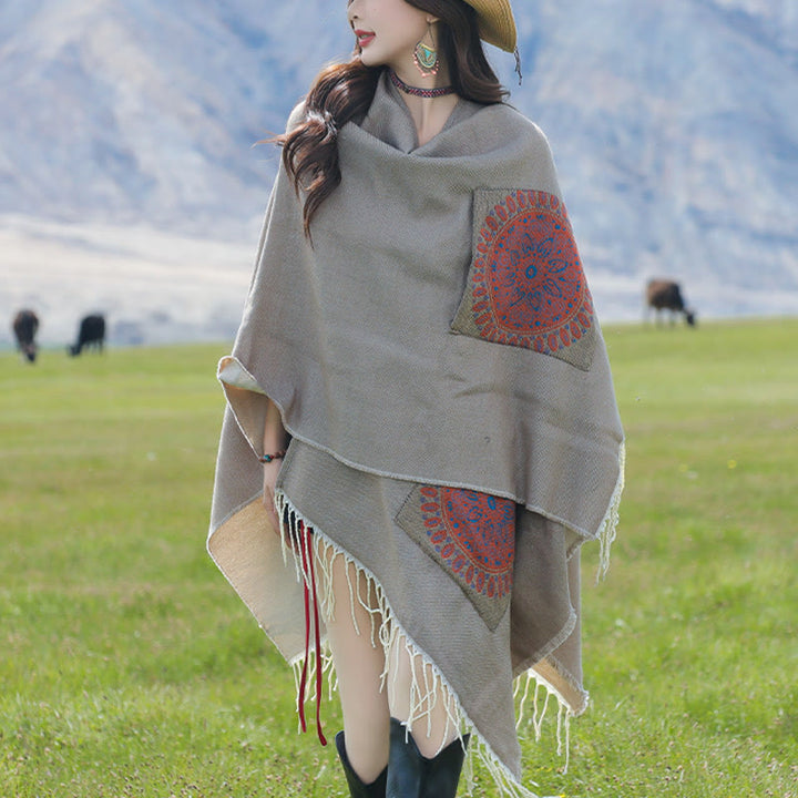 Buddha Stones Tibetan Geometric Round Mandala Pattern Tassels Shawl Fall Winter Cozy Scarf Wrap With Pockets - image 28