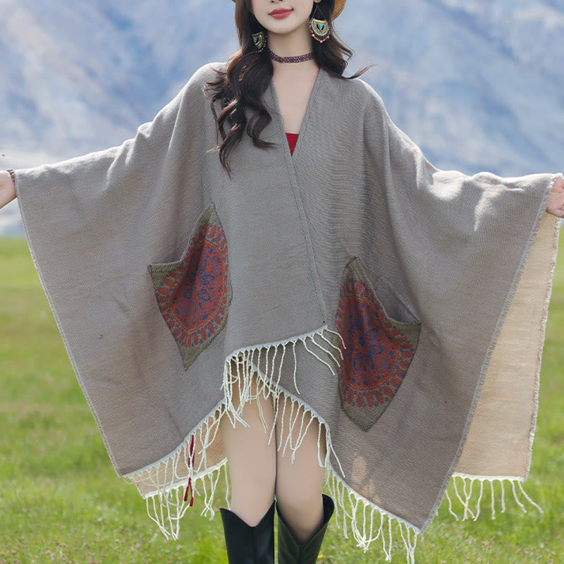 Buddha Stones Tibetan Geometric Round Mandala Pattern Tassels Shawl Fall Winter Cozy Scarf Wrap With Pockets - image 29