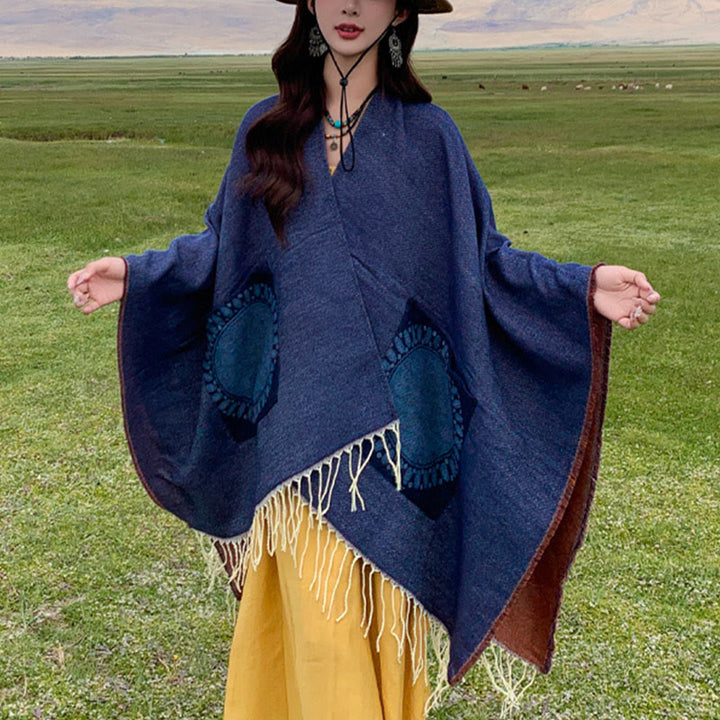 Buddha Stones Tibetan Geometric Round Mandala Pattern Tassels Shawl Fall Winter Cozy Scarf Wrap With Pockets - image 35