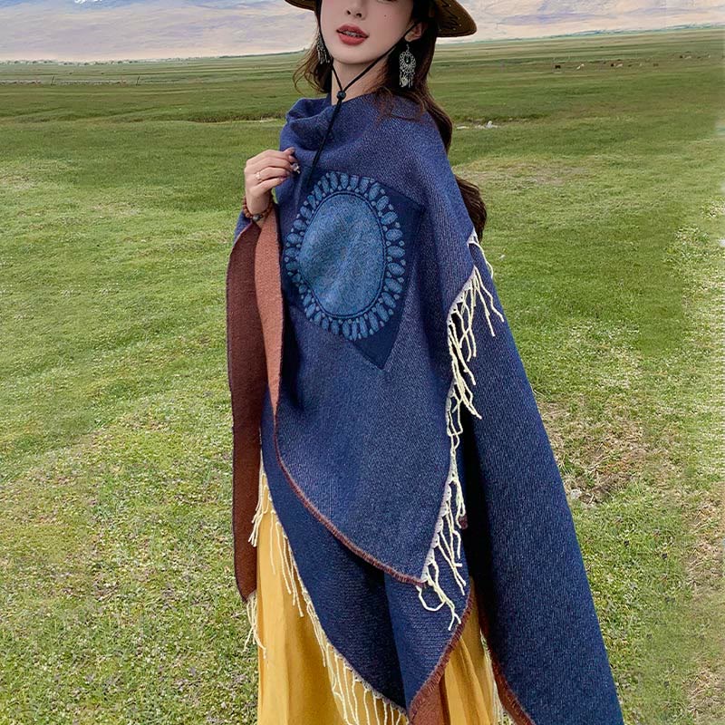 Buddha Stones Tibetan Geometric Round Mandala Pattern Tassels Shawl Fall Winter Cozy Scarf Wrap With Pockets - image 34
