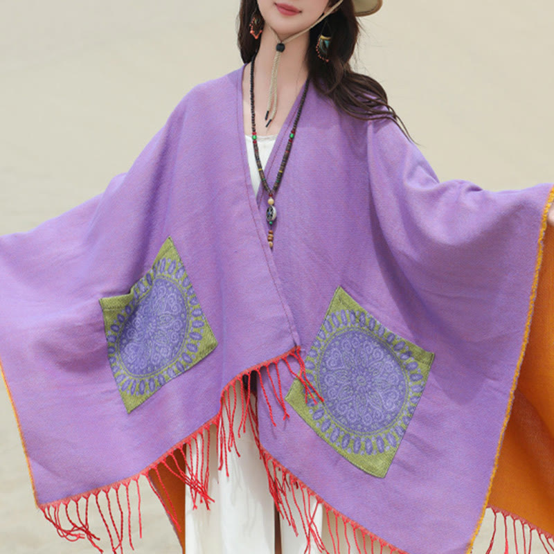 Buddha Stones Tibetan Geometric Round Mandala Pattern Tassels Shawl Fall Winter Cozy Scarf Wrap With Pockets - image 43