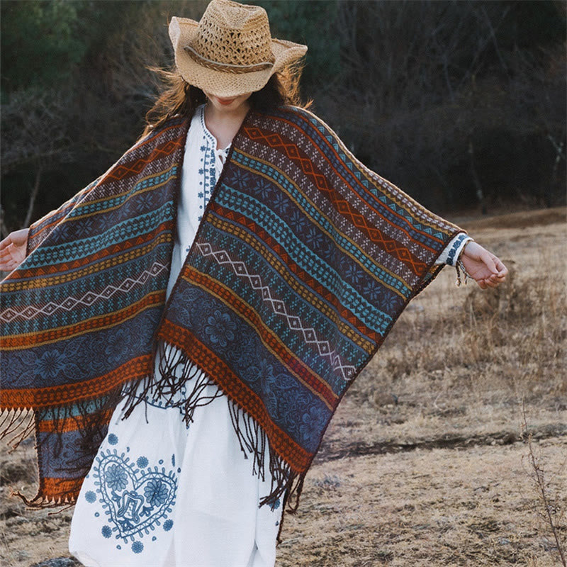 Buddha Stones Tibetan Geometric Horizontal Stripe Flower Leaf Tassels Shawl Fall Winter Cozy Scarf Wrap - Peru 130*150cm - image 0