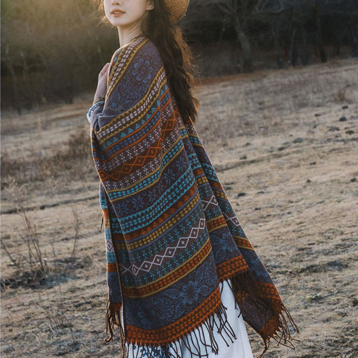 Buddha Stones Tibetan Geometric Horizontal Stripe Flower Leaf Tassels Shawl Fall Winter Cozy Scarf Wrap - image 4