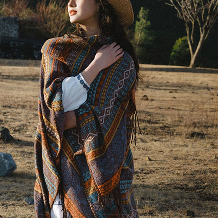 Buddha Stones Tibetan Geometric Horizontal Stripe Flower Leaf Tassels Shawl Fall Winter Cozy Scarf Wrap - image 5