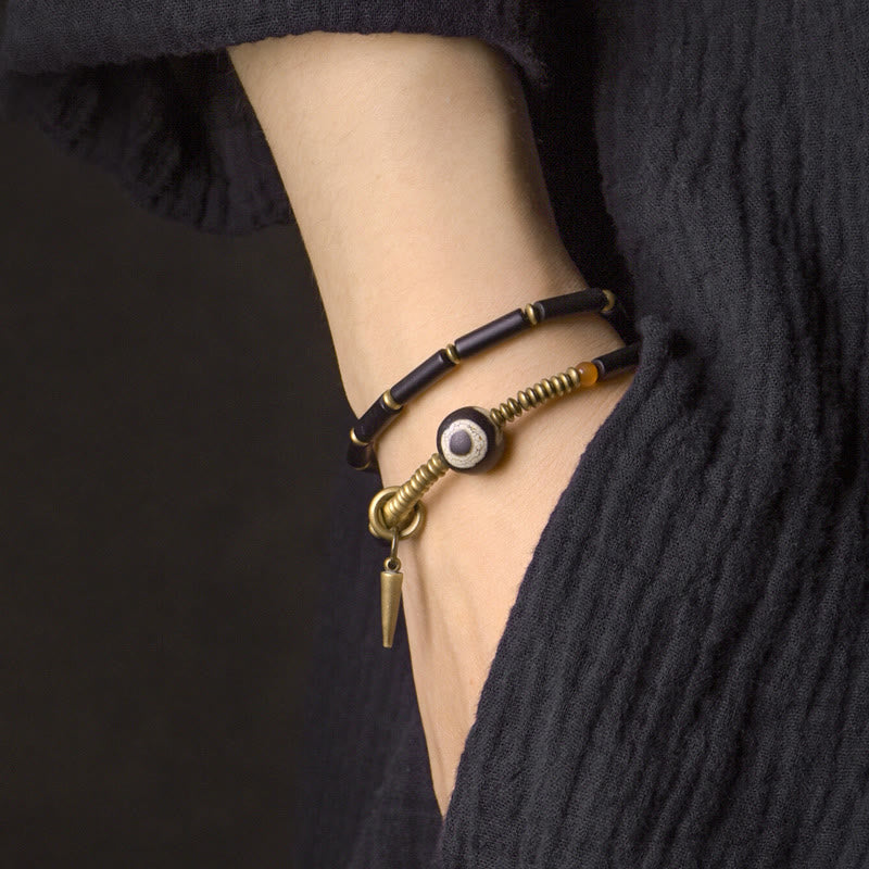 Buddha Stones Black Onyx Copper Dzi Bead Cone Pendant Double Wrap Protection Bracelet - image 3