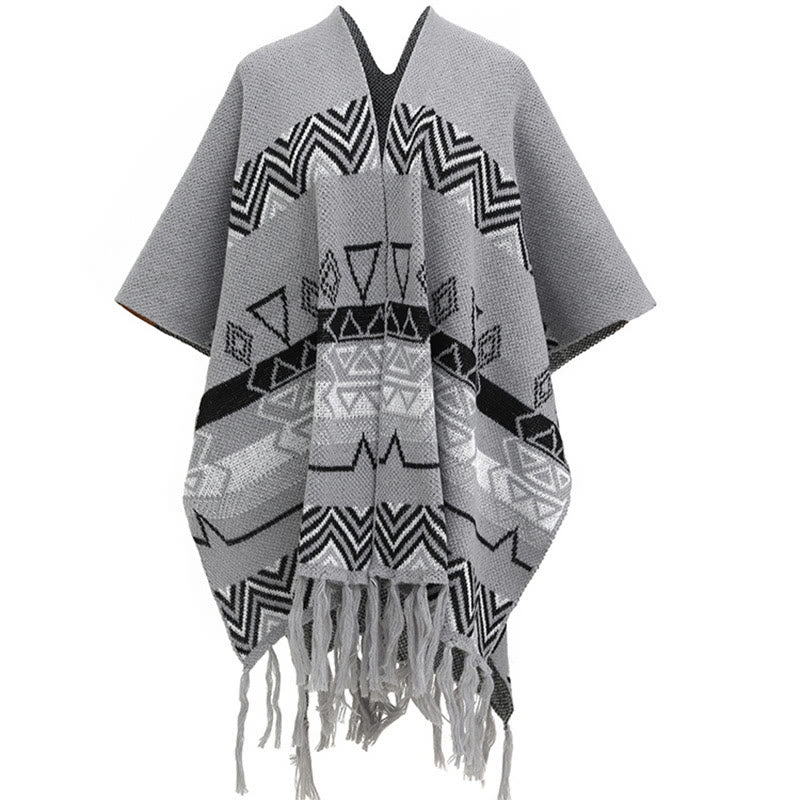 Buddha Stones Tibetan Wave Stripe Geometry Tassels Shawl Fall Winter Cozy Scarf Wrap - Gray - 90*140cm - image 30