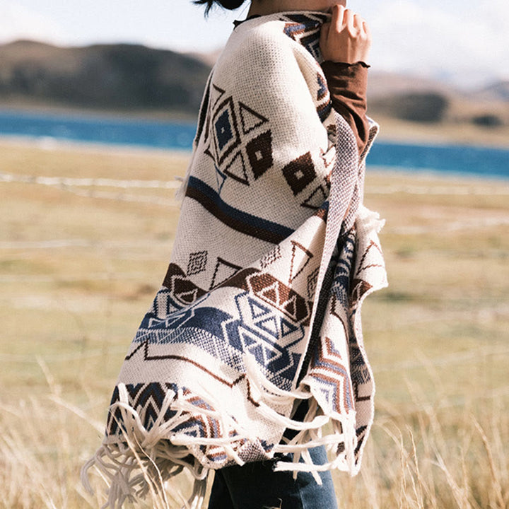 Buddha Stones Tibetan Wave Stripe Geometry Tassels Shawl Fall Winter Cozy Scarf Wrap - image 6