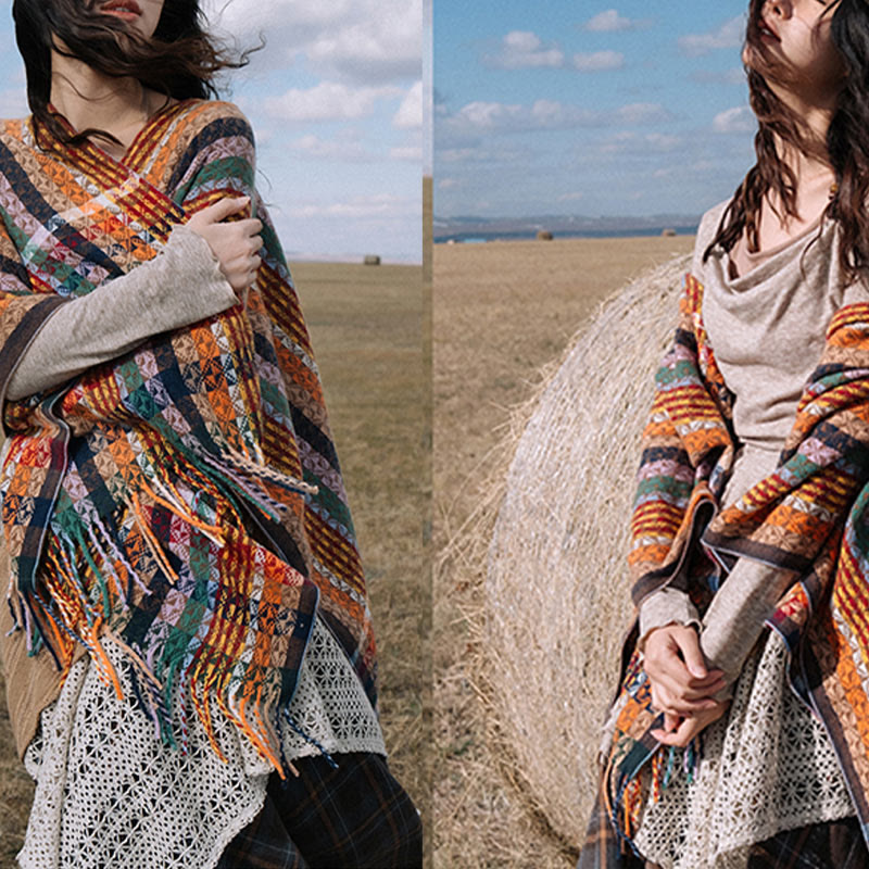 Buddha Stones Tibetan Colorful Stripe Geometry Tassels Shawl Fall Winter Soft Scarf Wrap - image 15