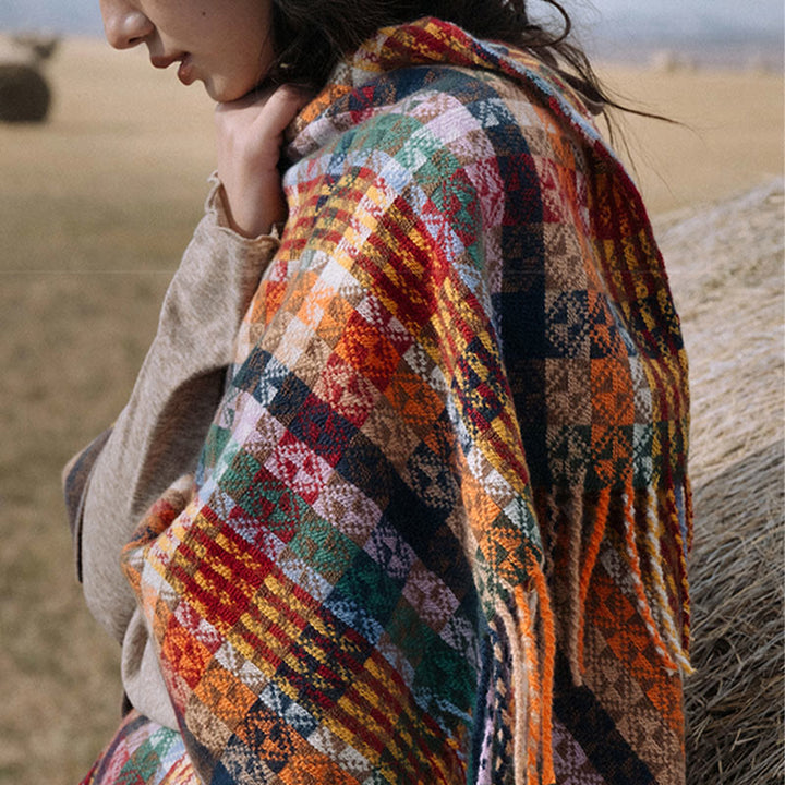 Buddha Stones Tibetan Colorful Stripe Geometry Tassels Shawl Fall Winter Soft Scarf Wrap - image 13