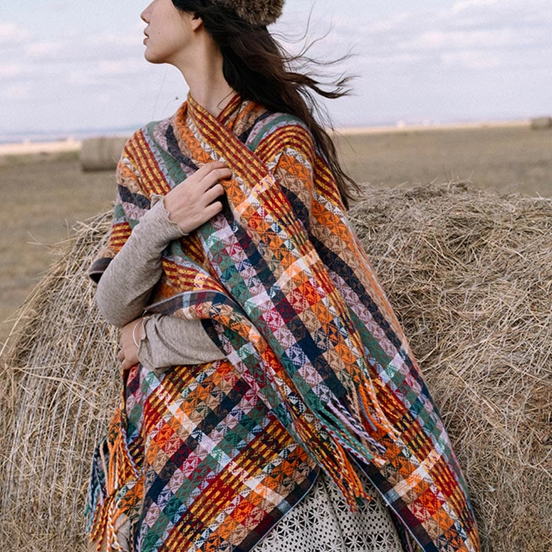 Buddha Stones Tibetan Colorful Stripe Geometry Tassels Shawl Fall Winter Soft Scarf Wrap - image 1