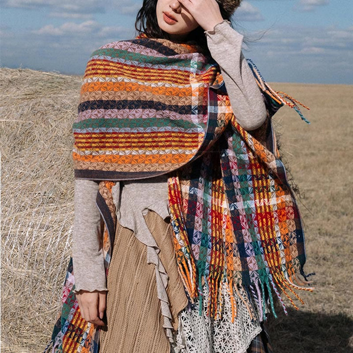 Buddha Stones Tibetan Colorful Stripe Geometry Tassels Shawl Fall Winter Soft Scarf Wrap - image 5