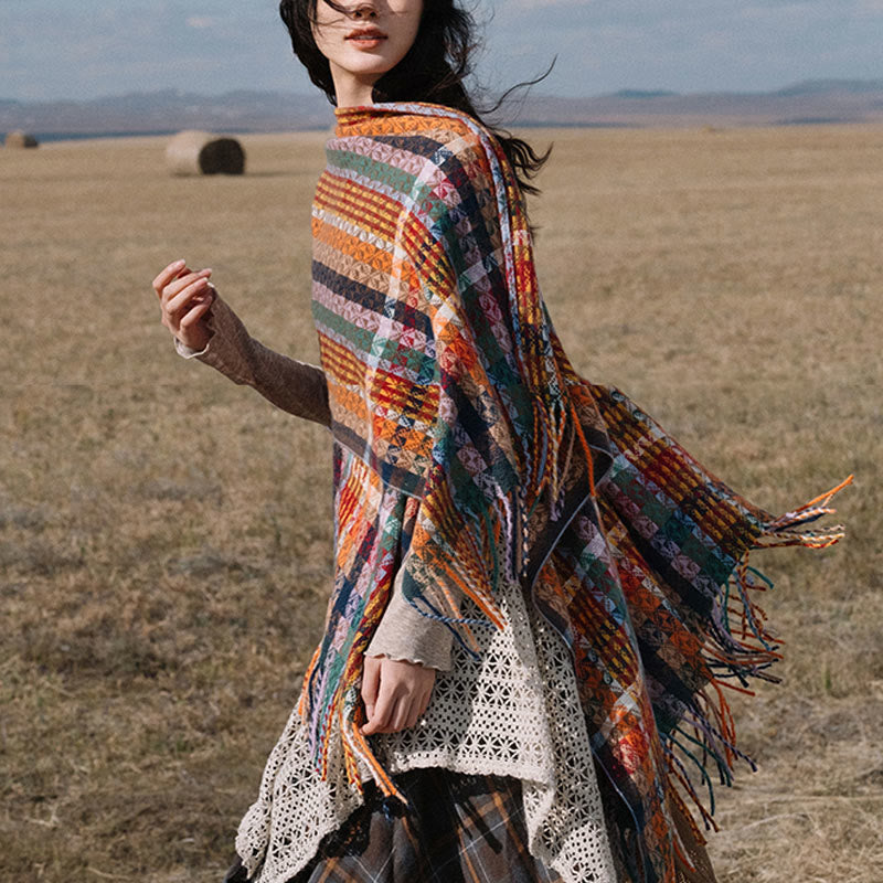 Buddha Stones Tibetan Colorful Stripe Geometry Tassels Shawl Fall Winter Soft Scarf Wrap - image 2