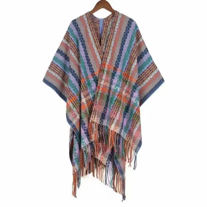 Buddha Stones Tibetan Colorful Stripe Geometry Tassels Shawl Fall Winter Soft Scarf Wrap - Plum - 130*150cm - image 24