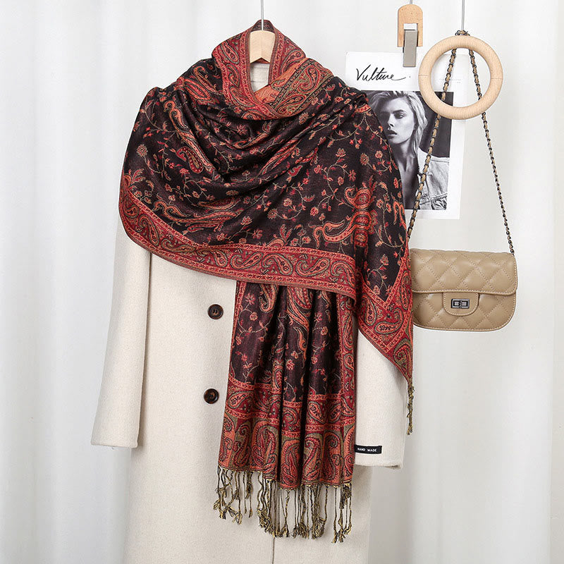 Buddha Stones Tibetan Cashew Flower Vine Print Tassels Shawl Fall Winter Soft Scarf Wrap - Brown Red 180*70cm - image 13