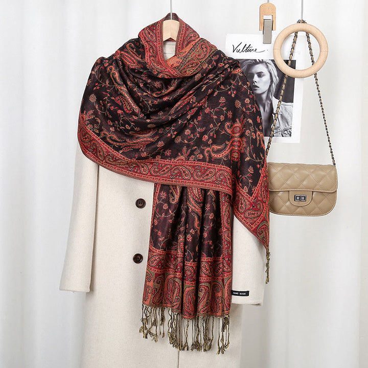 Buddha Stones Tibetan Cashew Flower Vine Print Tassels Shawl Fall Winter Soft Scarf Wrap - Brown Red 180*70cm - image 13