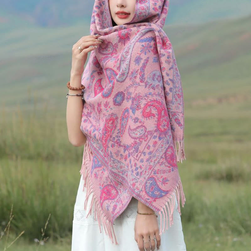 Buddha Stones Tibetan Cashew Flowers Leaves Vine Tassels Shawl Fall Winter Soft Cozy Scarf Wrap - Rose Red 70*180cm - image 10